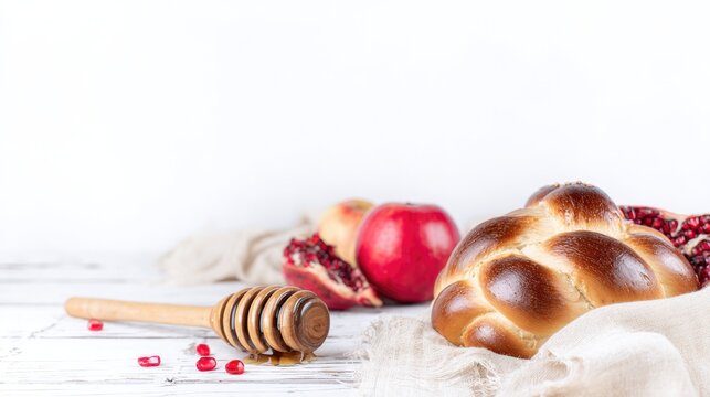 Apple, honey dipper, round challah bread and pomegranate on sideboard, New Year table styling concept