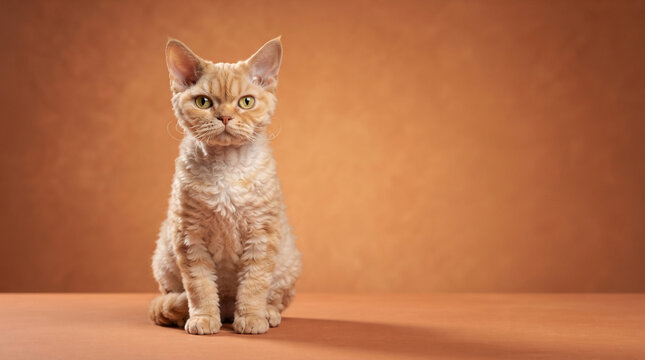 Devon Rex cat sitting calmly against a warm, textured studio background