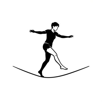 Woman Balancing on Slackline with Outstretched Arms, Black Silhouette Vector Illustration of Tightrope Walking, Balance, Focus, and Risk Management