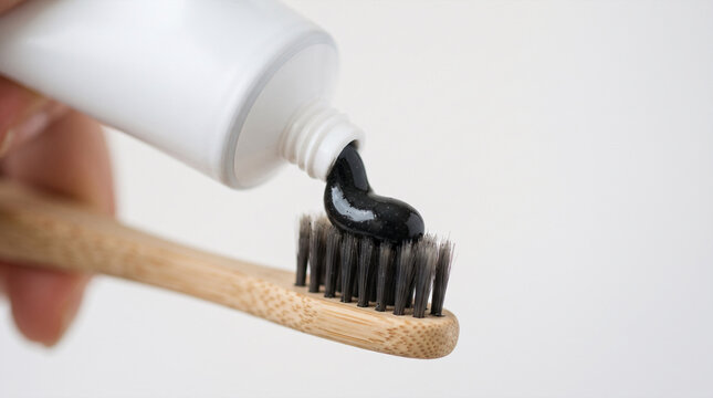 Charcoal toothpaste squeezed from tube onto bamboo toothbrush with white background
