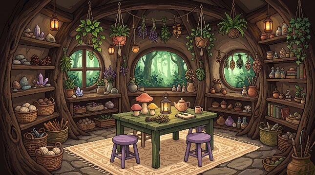 Cozy fantasy mushroom cottage interior with pixel art style and magical forest decor