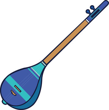 Traditional Tanbur Blue Long-Necked Lute Illustration