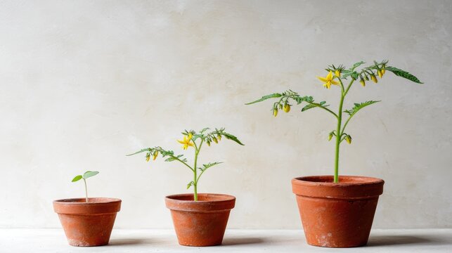 Tomato plants in different growth stages in terracotta pots, gardening and plant development concept