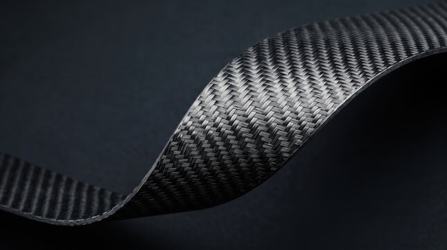 Curved carbon fiber sheet with woven twill texture, macro view