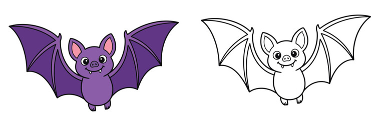 Fototapeta premium Cute Cartoon Halloween Bat Illustration and Coloring Page Set, Purple Vampire Bat Vector Character for Kids Activities and Spooky Designs