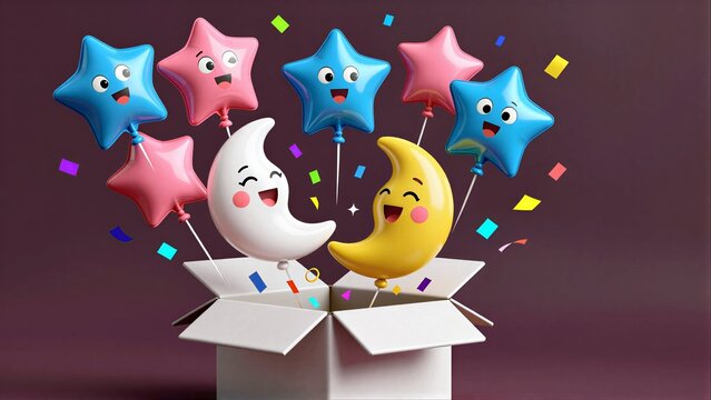 Happy cartoon moons and stars burst joyfully from a gift box with confetti.