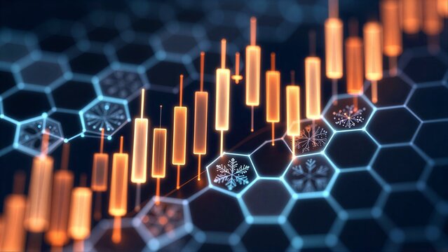 Digital candlestick chart overlays hexagonal grid with glowing snowflake icons.