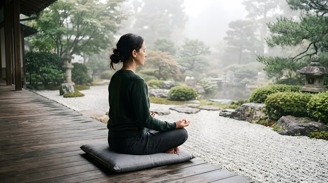 Young woman meditating in lotus position on a wooden deck in a Zen garden