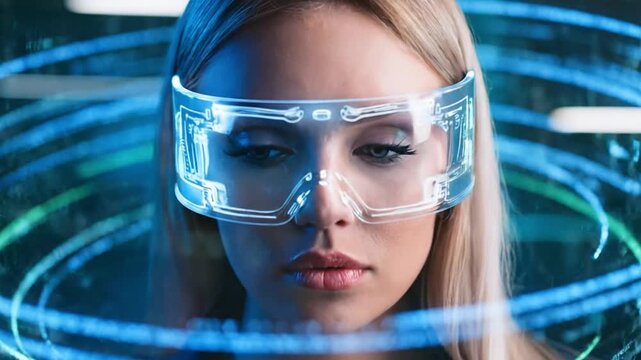 Young blonde woman wearing futuristic glowing glasses with blue digital eyes in an abstract cyber background