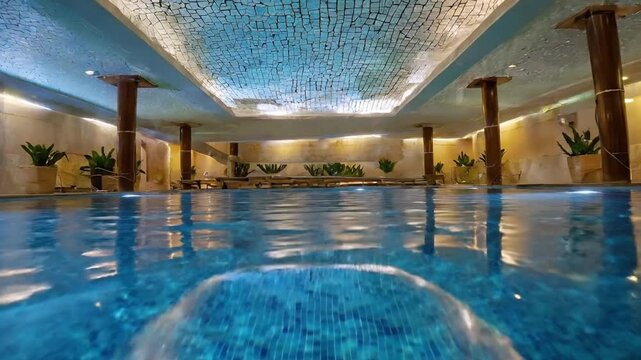 Luxurious indoor swimming pool with patterned ceiling, wooden columns, and ambient lighting