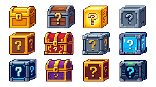 Pixel art game asset collection of treasure chests and mystery loot boxes for fantasy RPG games.