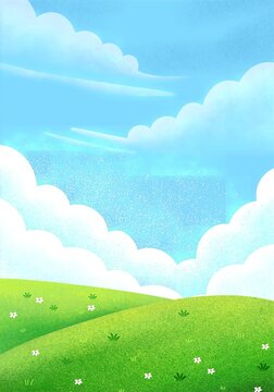 A minimalist flat-style landscape artwork showing soft yellow and green rolling hills under a rising sun in a warm beige sky.