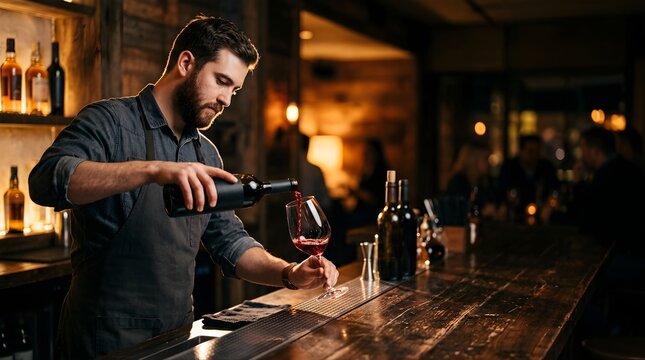 Bearded bartender pours red wine into glass at a dimly lit bar counter