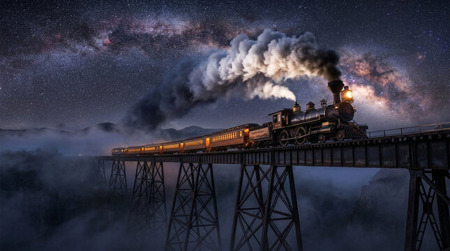 Steam train on bridge under starry night sky with milky way