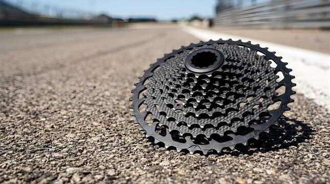 Bicycle gear cassette resting on a paved road track during daytime