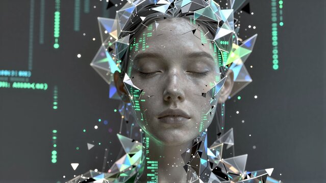 A serene woman with digital fragments and glowing code around her head.