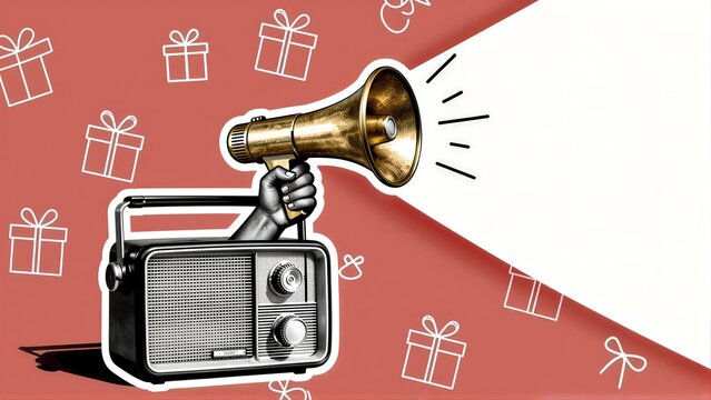 Handheld megaphone blasts gift announcements from vintage radio against festive backdrop.