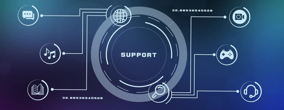 Digital customer support network with connected chat, video, music and gaming icons for modern online service platforms.