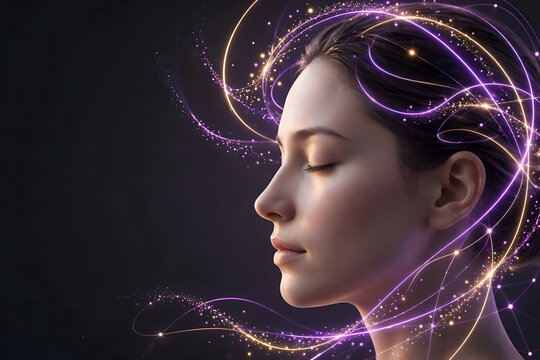 Future mental wellness and biofeedback meditation concept, serene woman face with glowing purple and gold brainwaves lines on dark background.