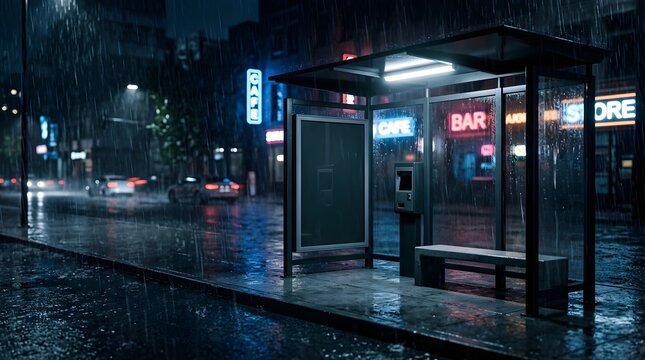 Empty bus stop with blank billboard at night during heavy rain in city