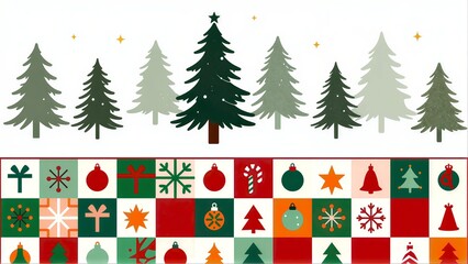 Fototapeta premium Christmas trees and festive ornaments in a colorful, holiday-themed grid design.