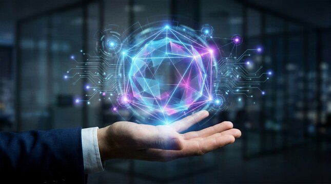Businessman hand holding complex glowing digital polyhedron hologram symbolizing advanced data structures and decentralized network architecture.
