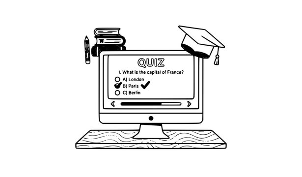 Create a simple editable vector illustration of an online test education icon in chalk-style black line art. Show a desktop computer monitor with a clean rectangular screen containing a checkmark, thr