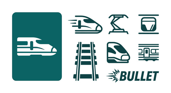 Minimal monochrome dark teal high-speed train icon set featuring bullet train silhouettes, railway tracks, pantograph, and locomotive components in a flat vector SVG style on white.