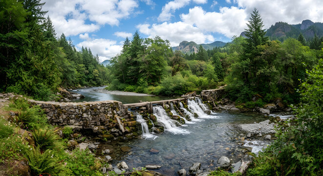 Scenic stone dam cascading on a mountain river in a lush forest