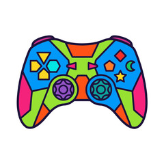 Colorful retro video game controller with geometric buttons and vibrant design elements for gaming graphics © PixelRetsu