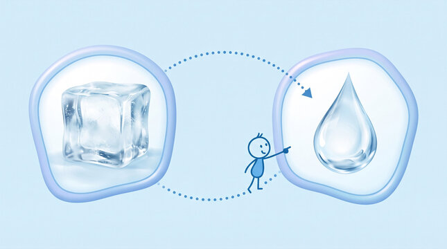 Ice melting into water droplet with cartoon character pointing