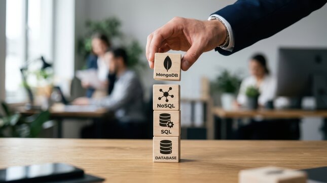 Hand holding mongodb database box with nosql and sql icons