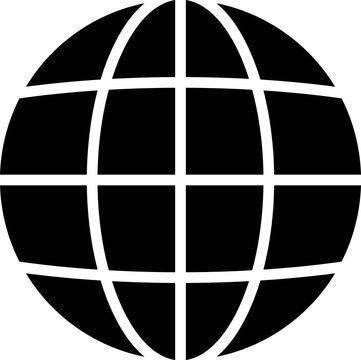 Black globe PNG with bold white latitude and longitude grid, isolated on transparent background