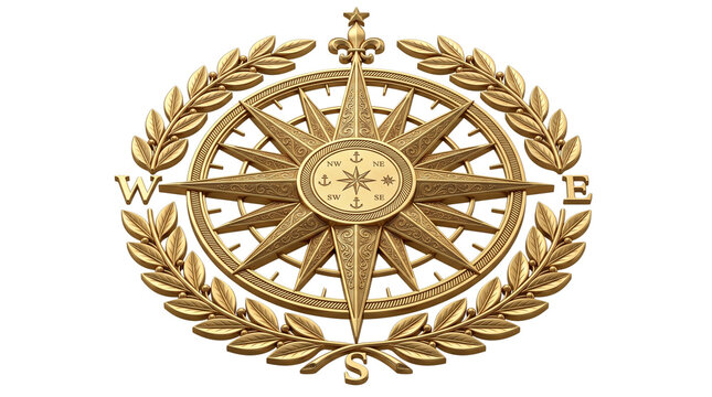 Vintage gold compass rose with laurel wreath, ornate nautical wind rose emblem, metallic brass navigation symbol on white background