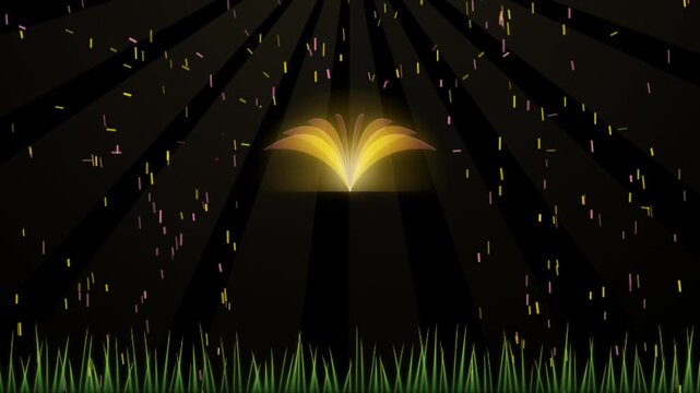 Glowing abstract flower shape with light rays and particles
