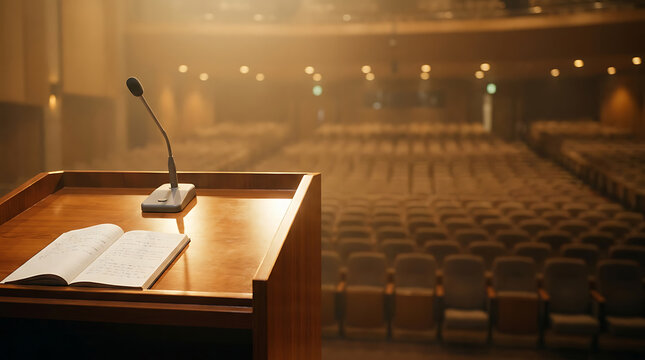 Podium with open book and microphone facing an empty auditorium, ready for a lecture or speech