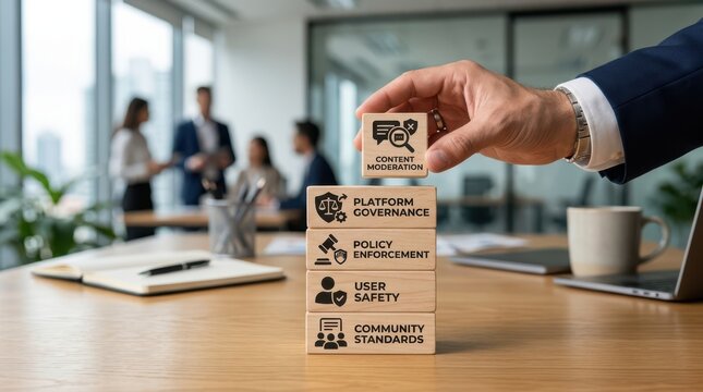 Hand holding smartphone showing platform moderation dashboard with governance icons