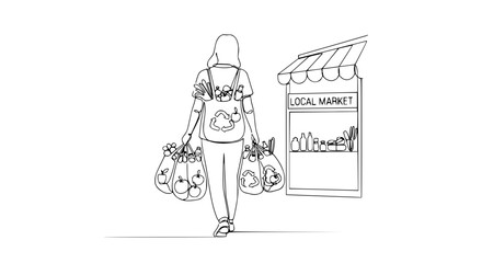 Obraz premium Woman with shopping bags from local market, line art illustration