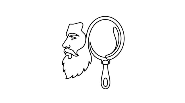 Man's Profile with Beard and Mirror Line Art Isolated
