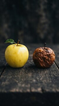 Fresh Green Apple and Decayed Apple on Wooden Surface.