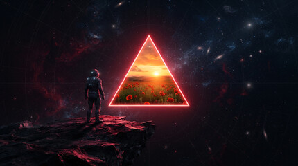 Fototapeta premium Astronaut in space observes idyllic poppy field through glowing triangle portal
