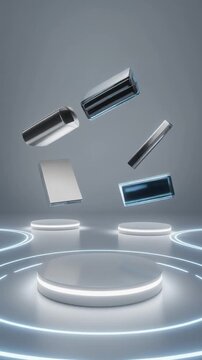 Futuristic 3D Floating Tech Objects on Neon Podium Generative AI