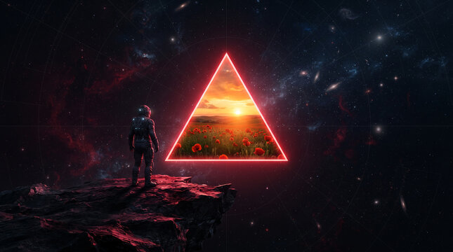 Astronaut in space observes idyllic poppy field through glowing triangle portal