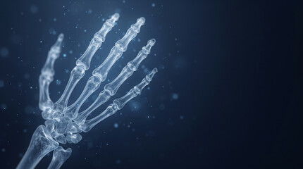 Naklejka premium Transparent human hand skeleton emerging from dark background with bokeh lights