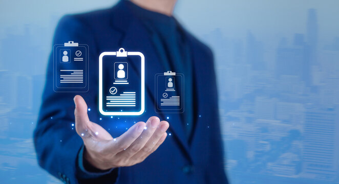 Digital recruitment concept with professional presenting verified candidate profiles, symbolizing hiring, talent, human resources, workforce, employee selection, onboarding, staffing, and HR tech now.