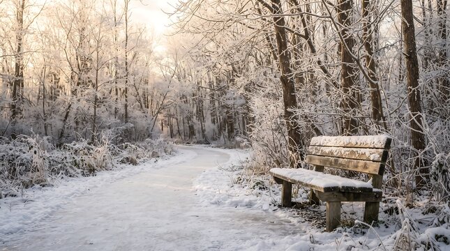 Serene winter scene with snow covered bench and forest path