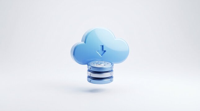 Blue cloud storage icon with database server symbol for digital data backup and sync
