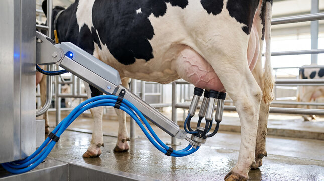 Robotic milking machine automatically milking a Holstein cow in a clean, modern dairy farm facility