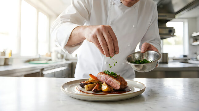 Professional chef garnishing a gourmet meat dish with fresh herbs in a modern restaurant kitchen setting