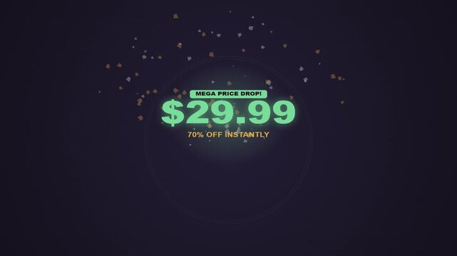 Mega price drop animation showing a regular price of 99.99 dollars crushing into a 70 percent off discount of 29.99 dollars with gold confetti on a dark background.